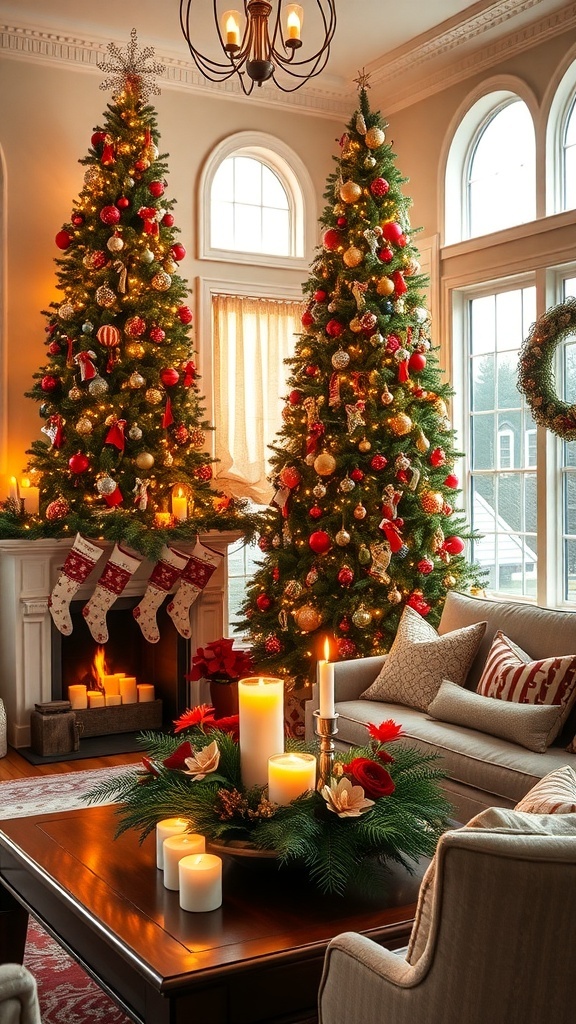 Festive Christmas Decor Ideas to Transform Your Living Room A cozy Christmas living room with a decorated tree, stockings on the fireplace, and festive decor.